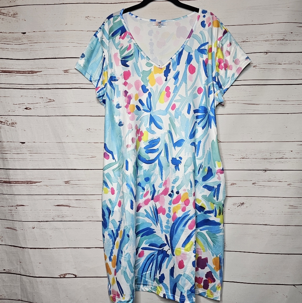 Sunny Oceans Blue Tropical Print Swim Cover-Up Dress